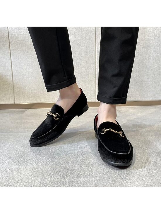 LCQL Men\'s Black Leather Velvet Loafer Gold Buckle Slip On Comfortable Shoes main image 4
